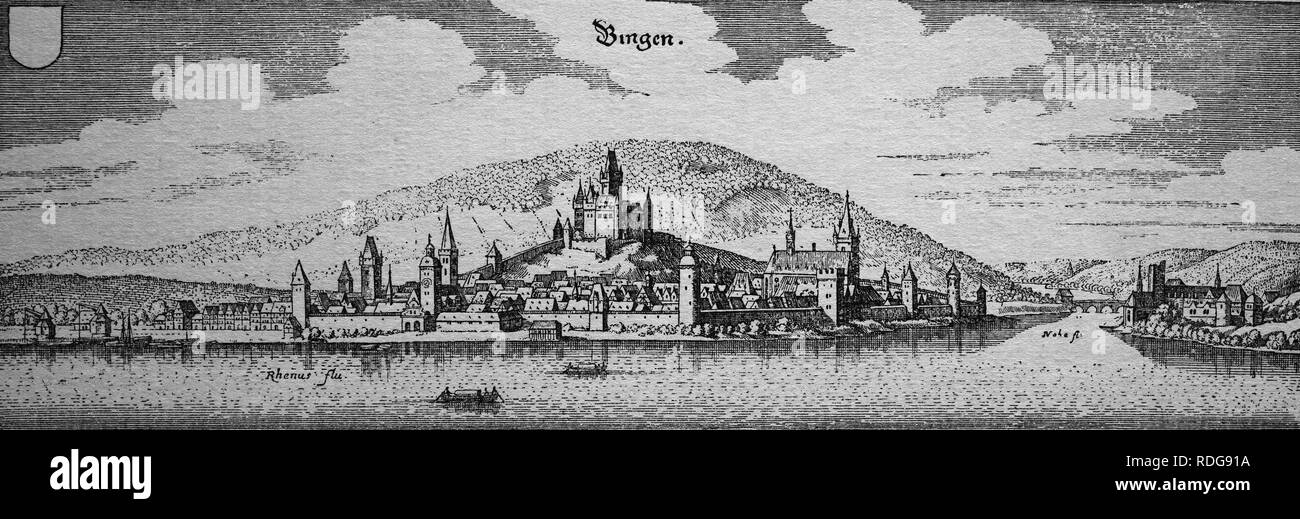 Bingen, Deutschland, im 17. Jahrhundert, historische Stahlstich Stockfoto