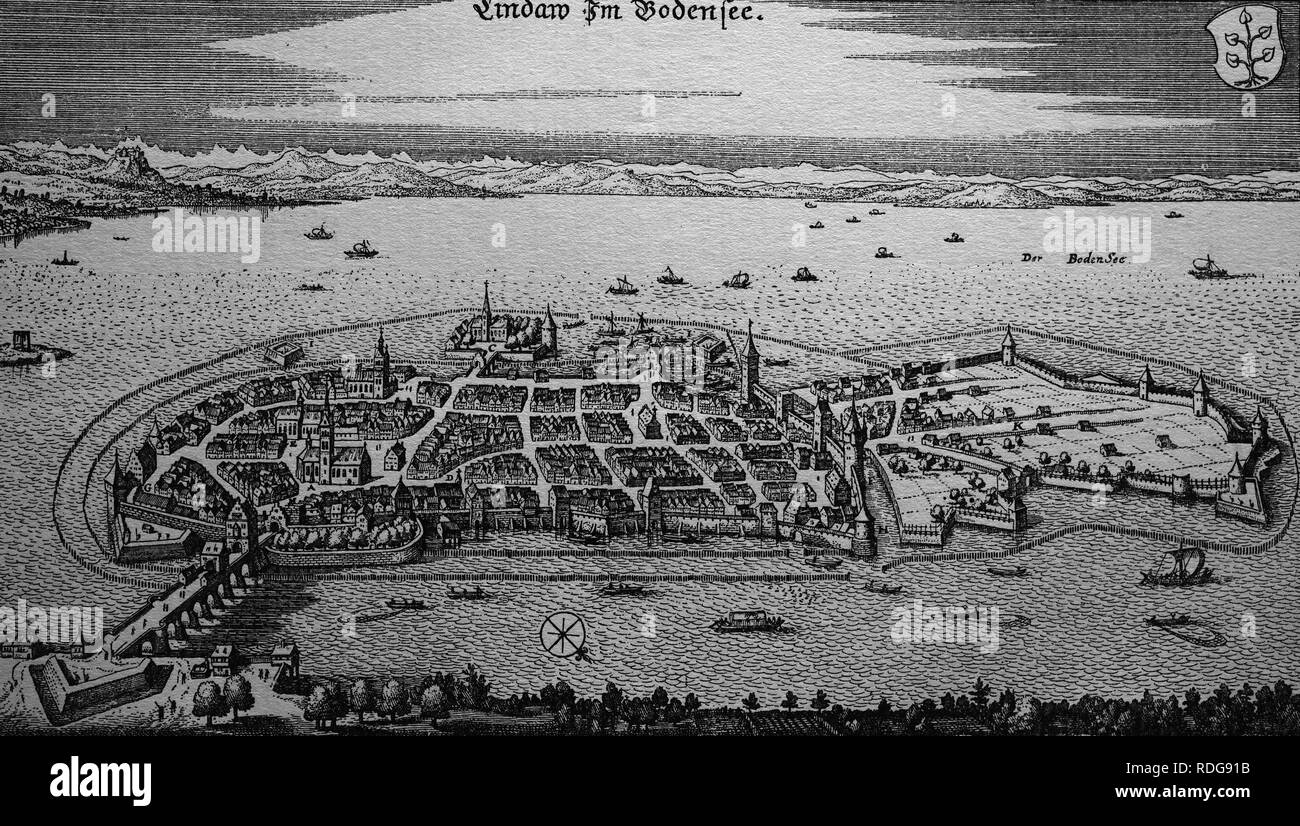 Lindau am Bodensee, Deutschland, im 17. Jahrhundert, historische Stahlstich Stockfoto