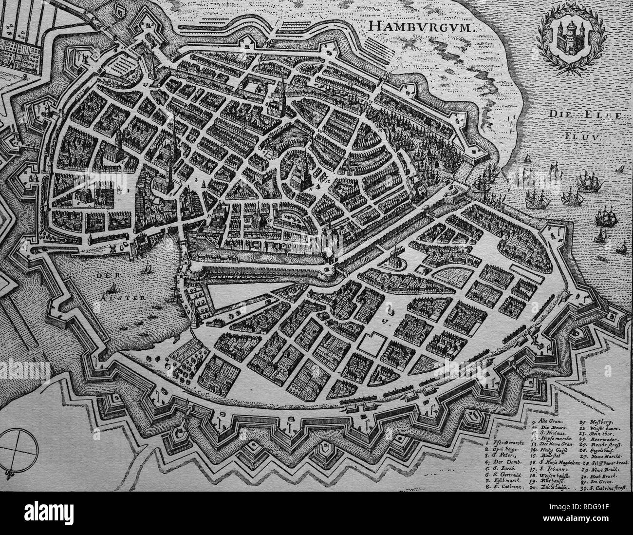Karte von Hamburg, Deutschland, im 17. Jahrhundert, historische Stahlstich Stockfoto