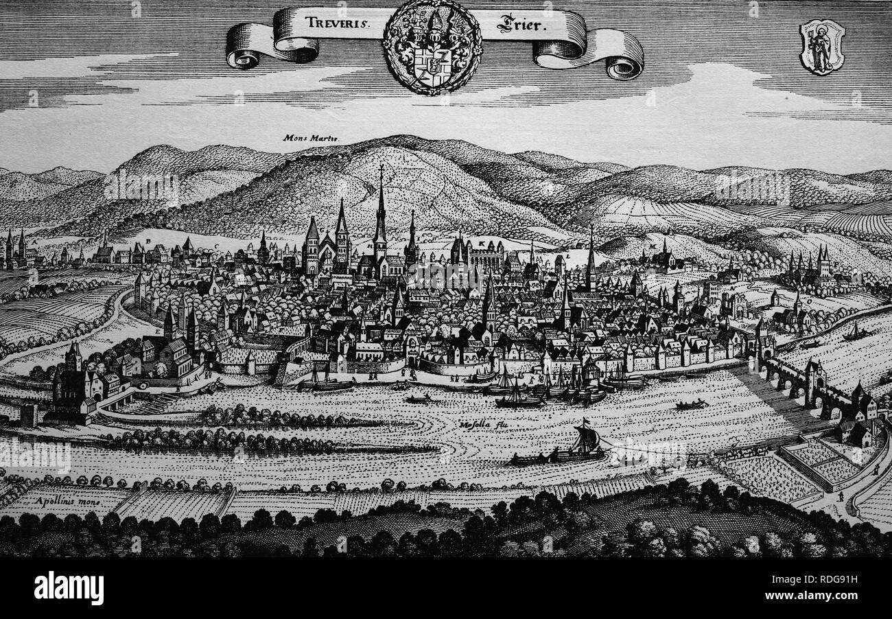 Trier, Deutschland, im 17. Jahrhundert, historische Stahlstich Stockfoto