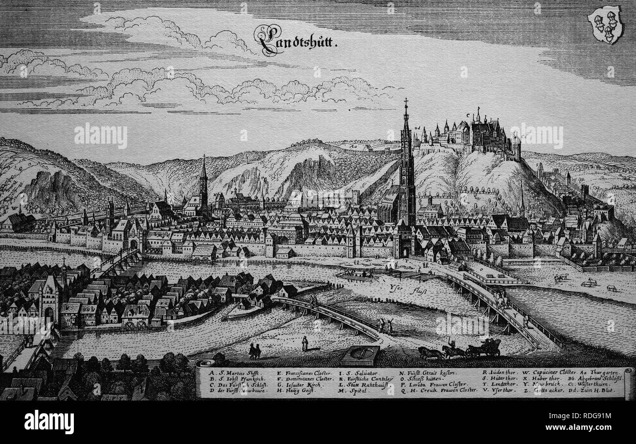Landshut, Deutschland, im 17. Jahrhundert, historische Stahlstich Stockfoto