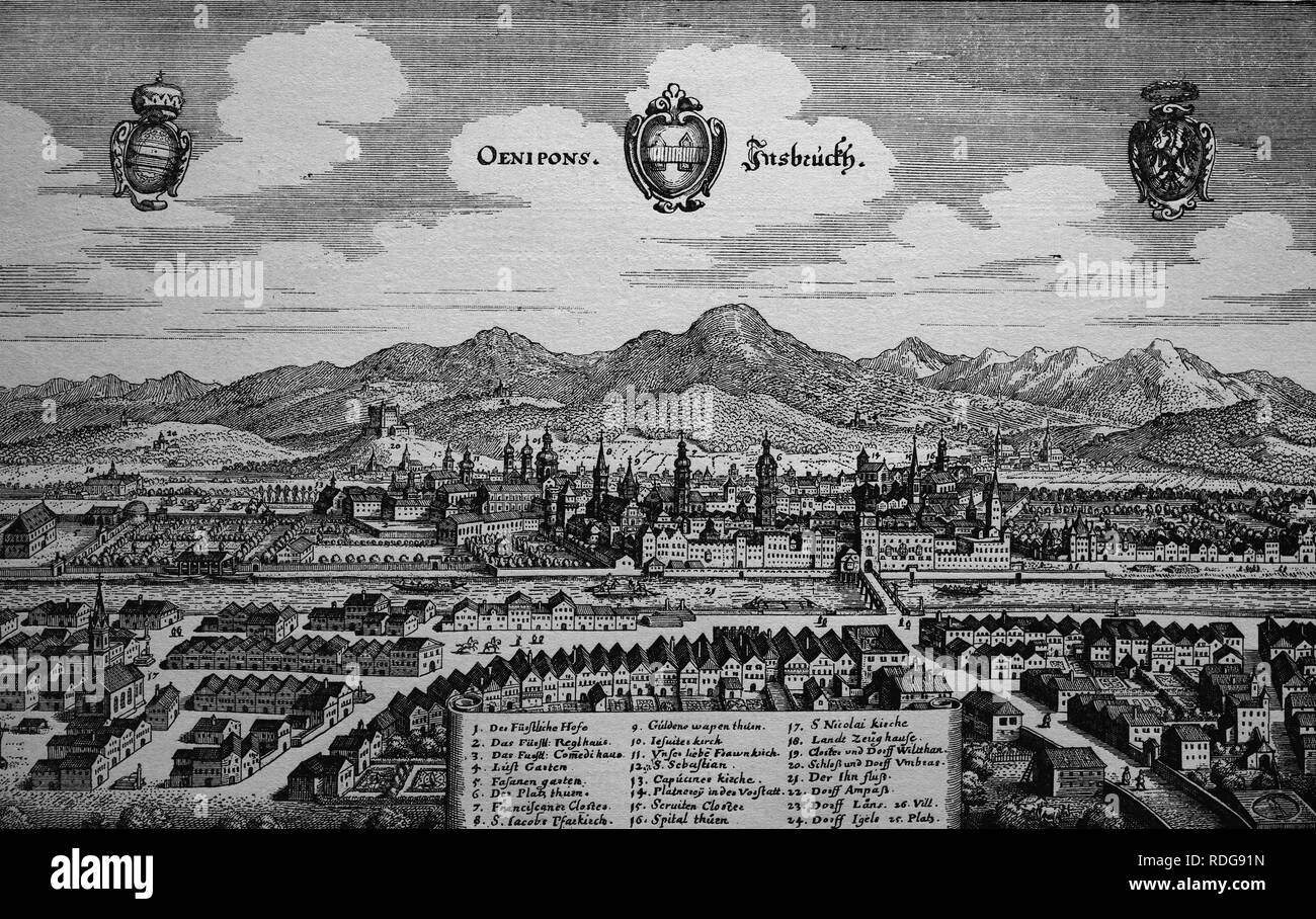 Innsbruck, Österreich, im 17. Jahrhundert, historische Stahlstich Stockfoto