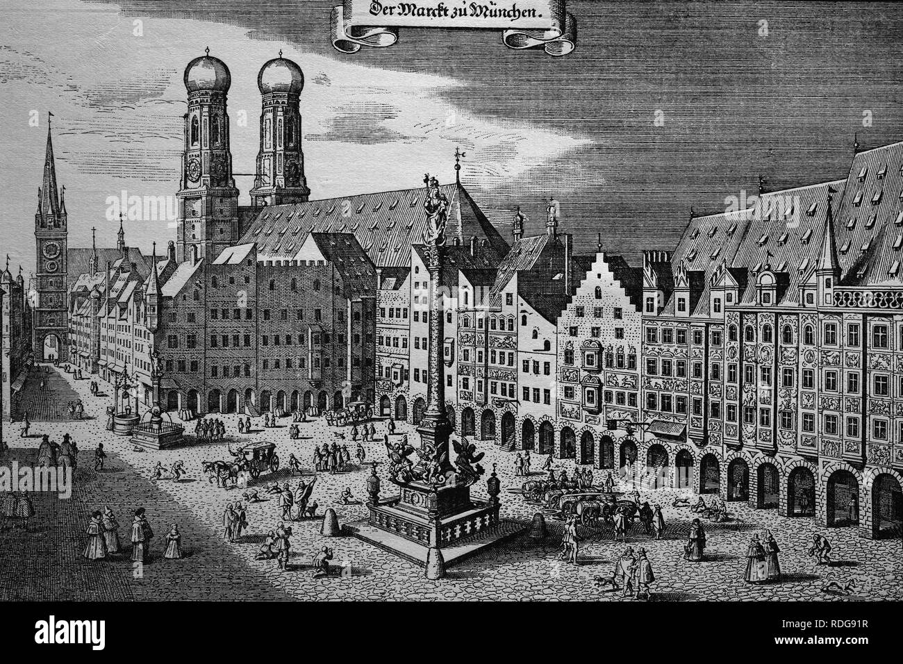 Marktplatz in München, Deutschland, im 17. Jahrhundert, historische Stahlstich Stockfoto