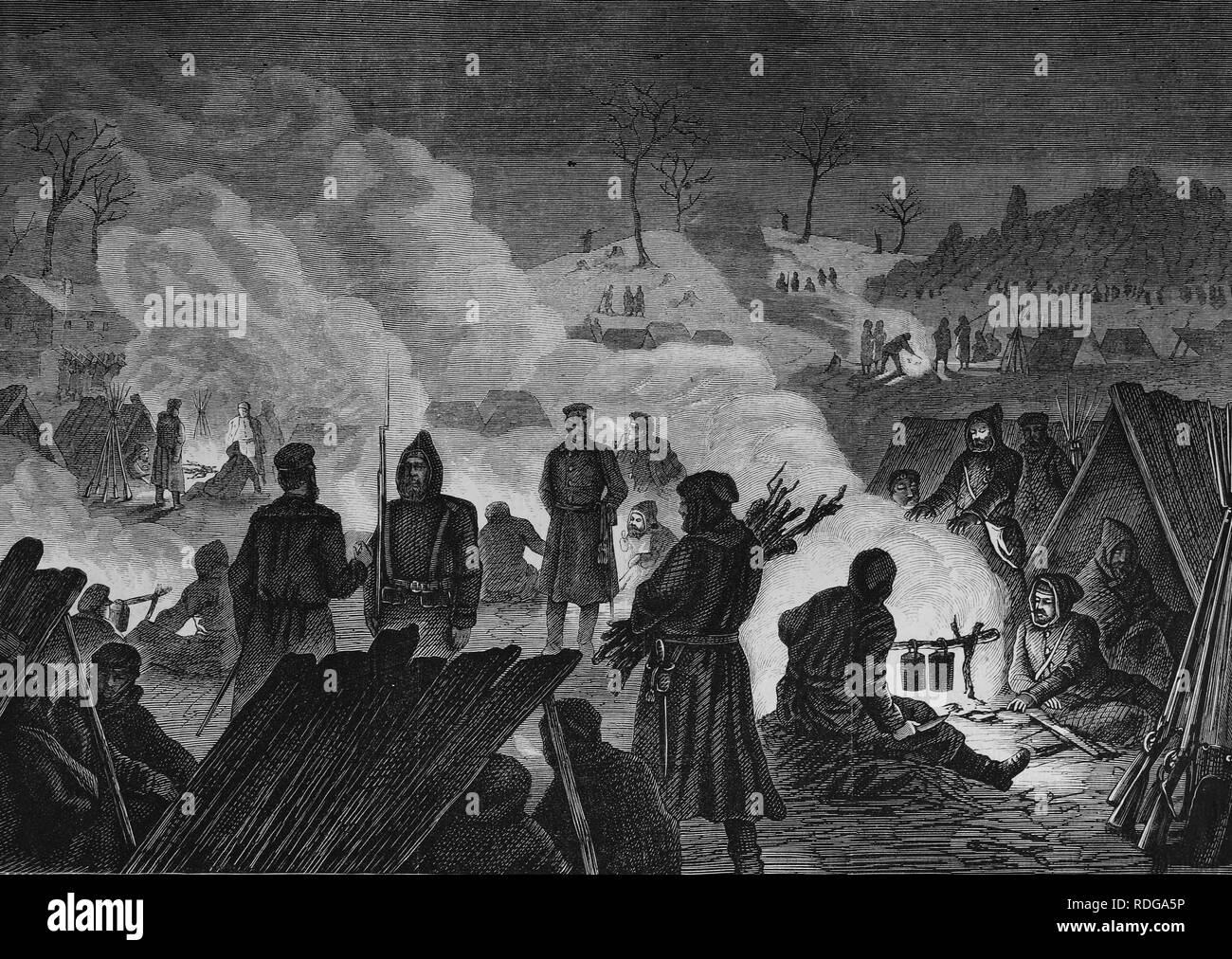 Biwak vor Le Mans in der Nacht vom 11. Januar 1871, 1550 Kriegschronik 1870-1871, Illustrierte Krieg Chronik Stockfoto