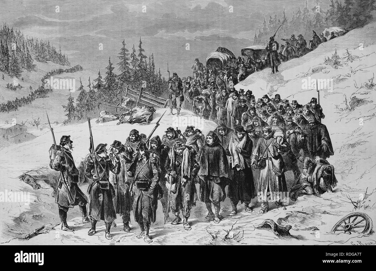 Swiss Military Eskortieren von französischen Soldaten in den Neuenburger Jura am 3. Januar 1871, 1550 Kriegschronik 1870-1871, Stockfoto