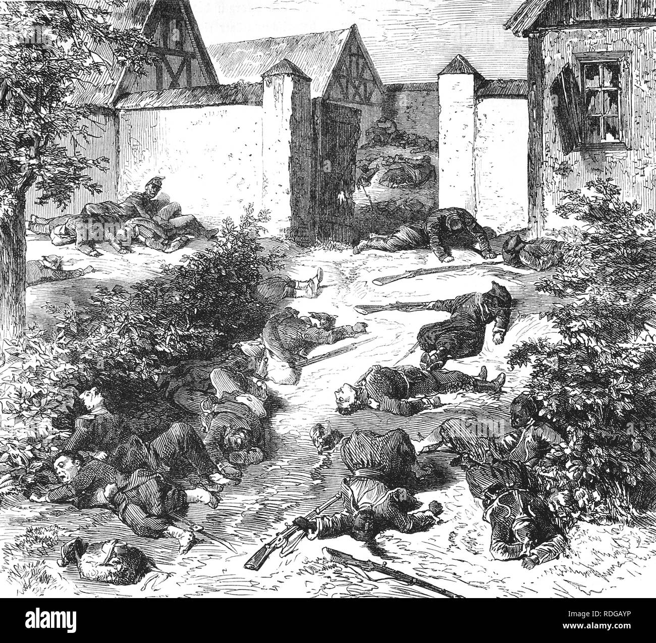 Eingangstor Schafenburg Burg auf dem Gaisberg, historische Darstellung, illustrierte Krieg Chronik 1870 bis 1871 Stockfoto