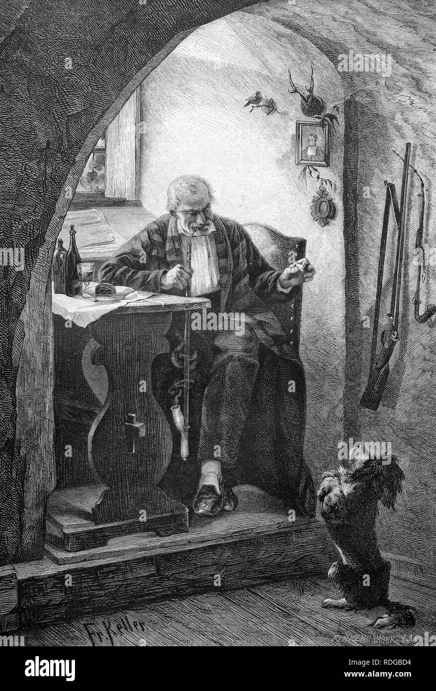 Hund, betteln vor einem Mann, historische Abbildung, 1877 Stockfoto