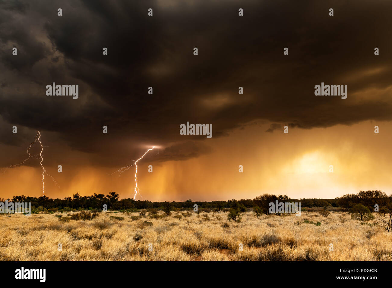 Gewitter und Blitz in der australischen Wüste. Stockfoto