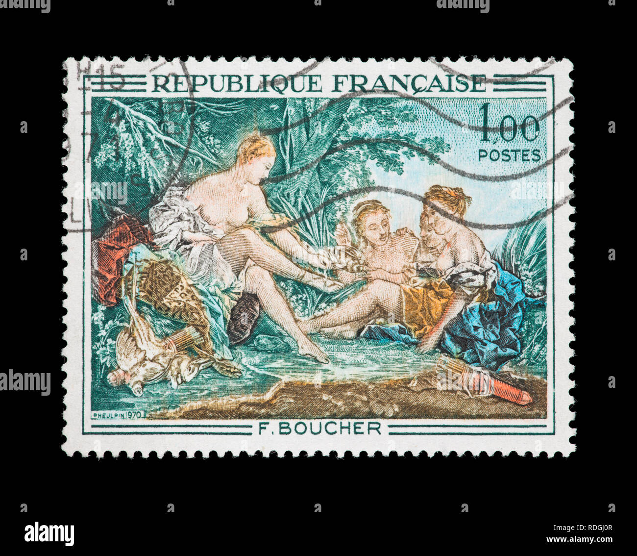 Briefmarke aus Frankreich mit der Darstellung der Francois Boucher Malerei 'Diana Rückkehr von der Jagd" Stockfoto