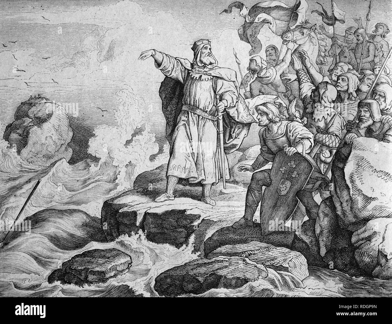 Otto I., Kaiser des Heiligen Römischen Reiches, warf seine Lanze ins Meer, auf der nördlichen Spitze von Jütland, historische Darstellung Stockfoto