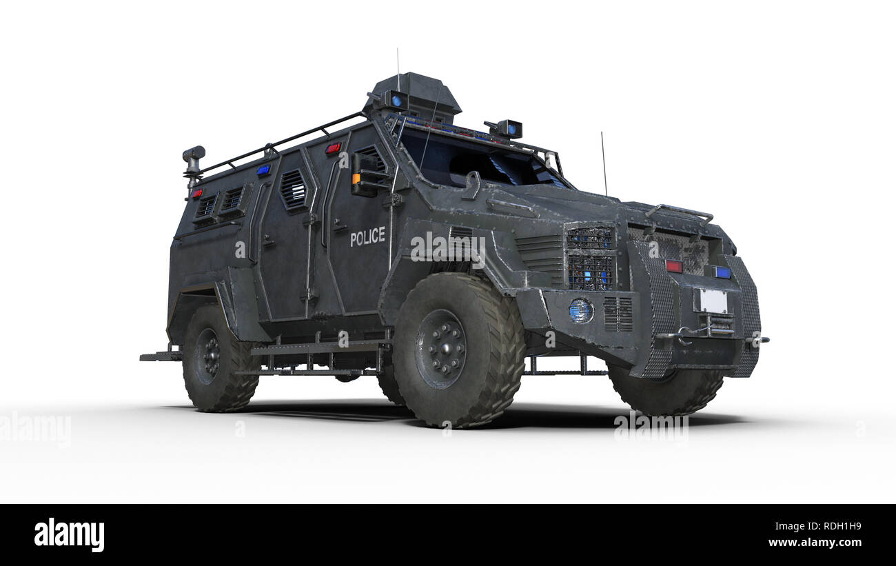 Gepanzerten SUV Lkw, bulletproof Polizeifahrzeug, Strafverfolgung Auto auf weißem Hintergrund, Ansicht von unten, 3D-Rendering Stockfoto