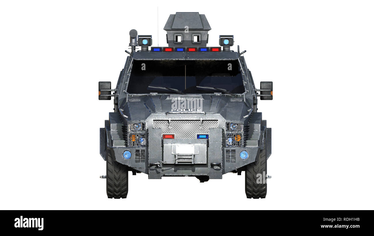 Gepanzerten SUV Lkw, bulletproof Polizeifahrzeug, Strafverfolgung Auto auf weißem Hintergrund, Vorderansicht, 3D-Rendering Stockfoto
