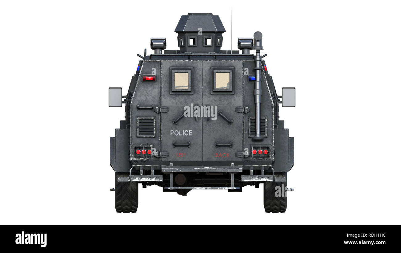 Gepanzerten SUV Lkw, bulletproof Polizeifahrzeug, Strafverfolgung Auto auf weißem Hintergrund, Rückansicht, 3D-Rendering Stockfoto