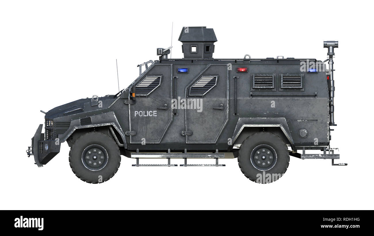 Gepanzerten SUV Lkw, bulletproof Polizeifahrzeug, Strafverfolgung Auto auf weißem Hintergrund, Seitenansicht, 3D-Rendering Stockfoto