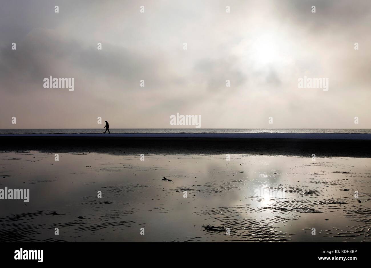 Person zu Fuß entlang der verschneiten Strand auf der ostfriesischen Nordseeinsel Spiekeroog, Niedersachsen Stockfoto