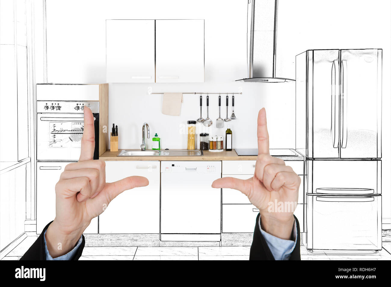 Nahaufnahme einer Architektur, die Hand, die Gestaltung der Küche Innenraum Stockfoto