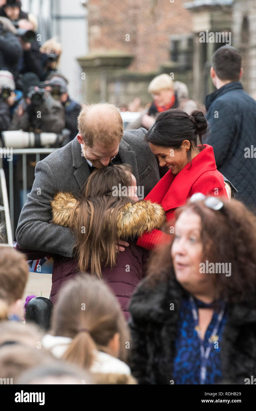 Birkenhead/Großbritannien. 14. Januar 2019. Prinz Harry und Meghan Markle, der Herzog und die Herzogin von Sussex, in Birkenhead für eine Vielzahl öffentlicher Verpflichtungen. Stockfoto