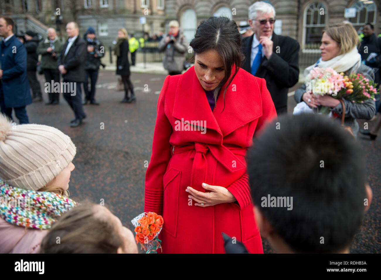 Birkenhead/Großbritannien. 14. Januar 2019. Prinz Harry und Meghan Markle, der Herzog und die Herzogin von Sussex, in Birkenhead für eine Vielzahl öffentlicher Verpflichtungen. Stockfoto