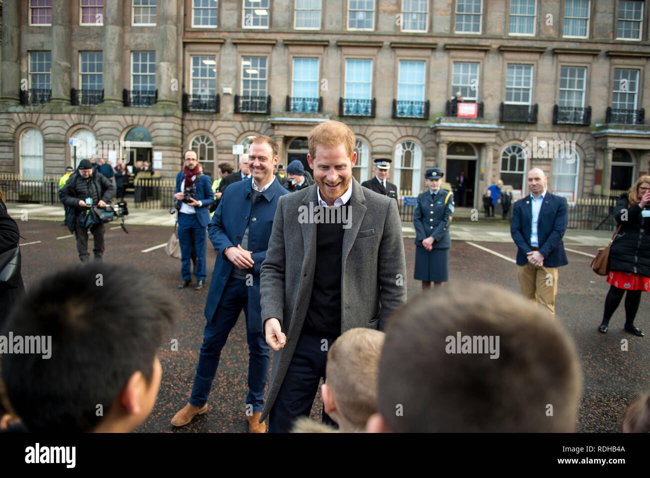 Birkenhead/Großbritannien. 14. Januar 2019. Prinz Harry und Meghan Markle, der Herzog und die Herzogin von Sussex, in Birkenhead für eine Vielzahl öffentlicher Verpflichtungen. Stockfoto