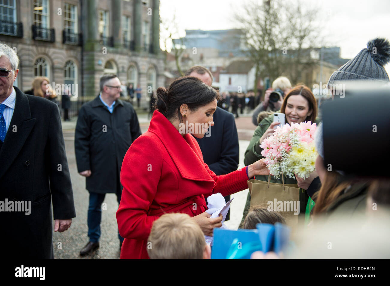 Birkenhead/Großbritannien. 14. Januar 2019. Prinz Harry und Meghan Markle, der Herzog und die Herzogin von Sussex, in Birkenhead für eine Vielzahl öffentlicher Verpflichtungen. Stockfoto