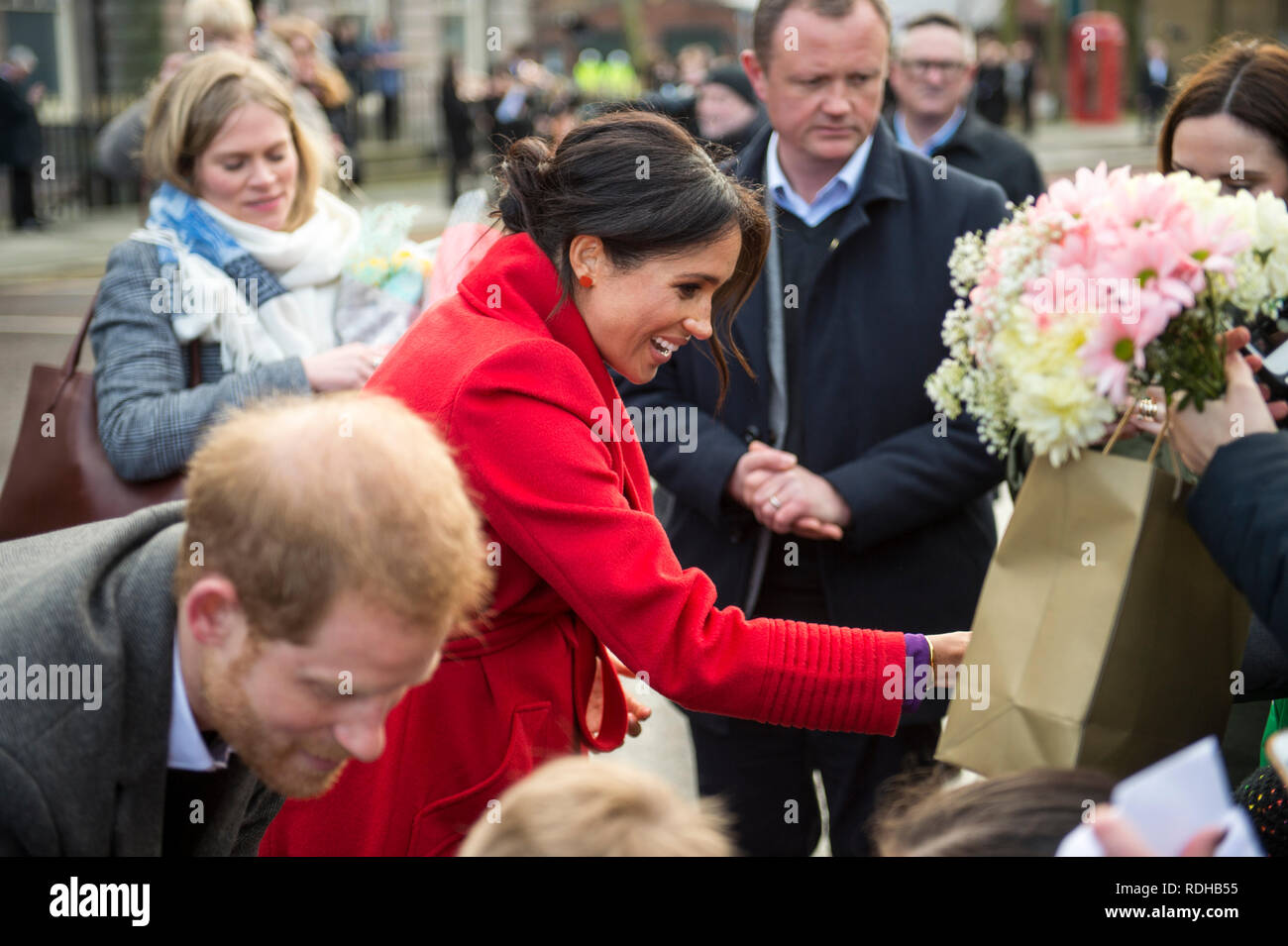 Birkenhead/Großbritannien. 14. Januar 2019. Prinz Harry und Meghan Markle, der Herzog und die Herzogin von Sussex, in Birkenhead für eine Vielzahl öffentlicher Verpflichtungen. Stockfoto