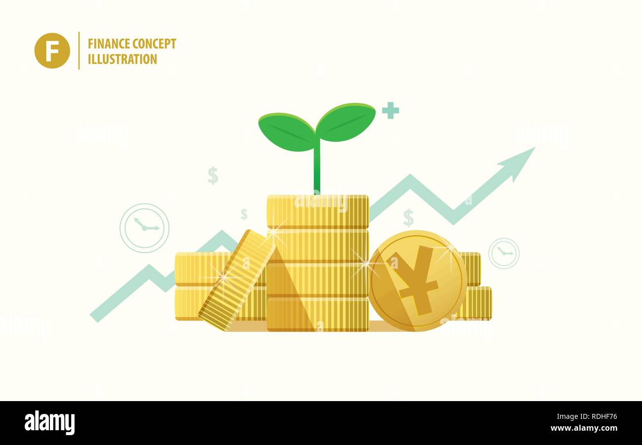 Münze Stapel Yuan Währung und die Bäumchen auf die Oberseite mit wachsenden grafik hintergrund Illustration Vektor. Finanzen Konzept. Stock Vektor