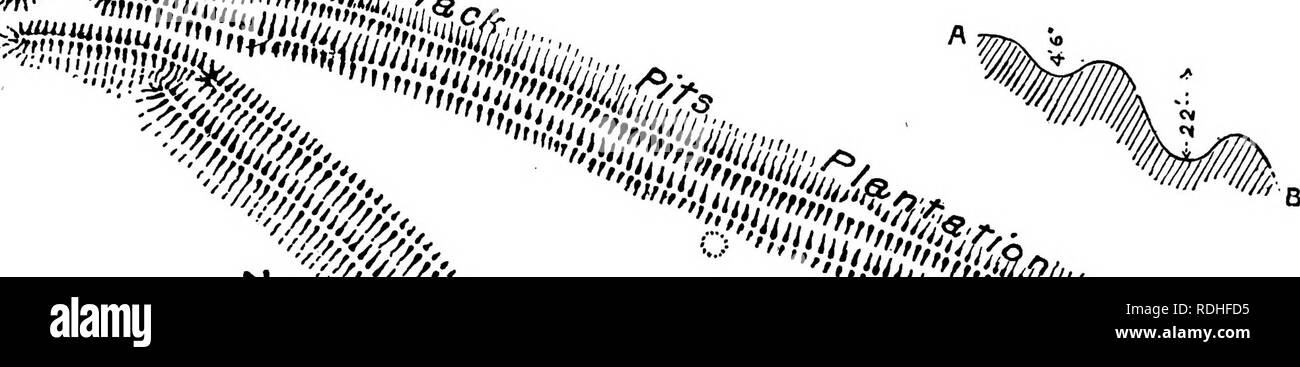 . Die Victoria Geschichte der Grafschaft Devon;. Natural History. Alte Erdarbeiten Rundschreiben Damm in der Mitte mit einem flachen Graben ich Ft. Tief auf der Südseite. Die Northern Bank, 5 m hoch, hat keine Graben. Innerhalb der Region, Polwhele sagt, sind zwei Praetoria in jeder Abteilung, aber eine solche Aussage wäre nicht gut halten, auch wenn es eine römische Lager waren; Dämme wie er offenbar genannt sind nirgendwo in den nördlichen Teil sichtbar; aber in der südlichen Abteilung, Informationen über das Zentrum, ist eine kreisförmige Plattform, 3 m hoch mit einem seichten Graben auf der Ostseite, kann möglicherweise auf der Website der Ch. Stockfoto