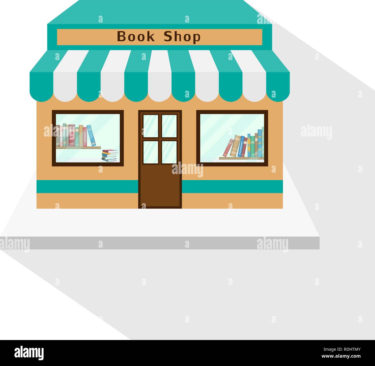 Buchhandlung Symbol mit langen Schatten auf weißem Hintergrund. Buch Shop Fassade, gewerbliche Gebäude. Vector Illustration, EPS 10. Stock Vektor