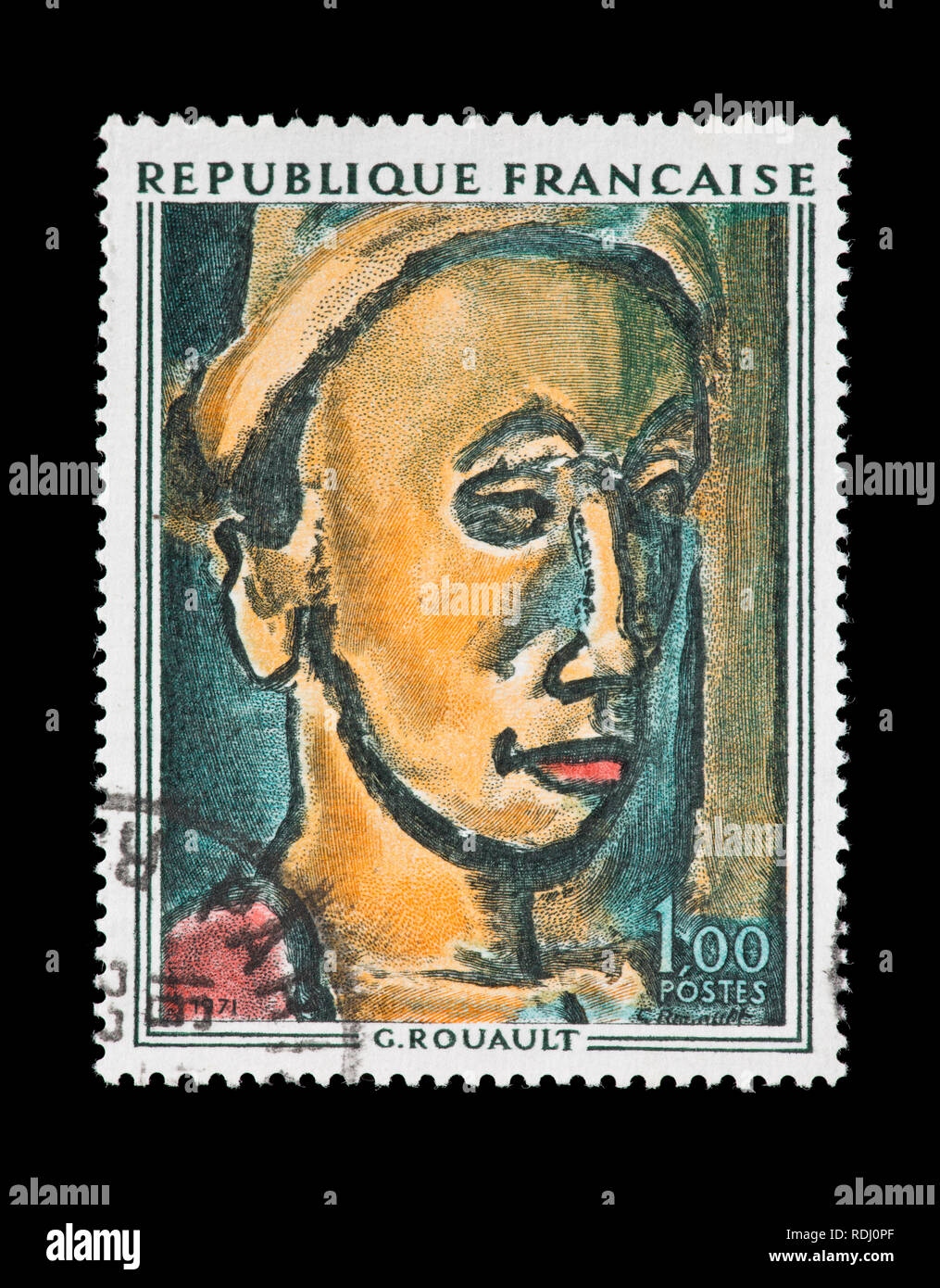 Briefmarke aus Frankreich mit der Darstellung der Georges Rouault Gemälde "Der Träumer" Stockfoto