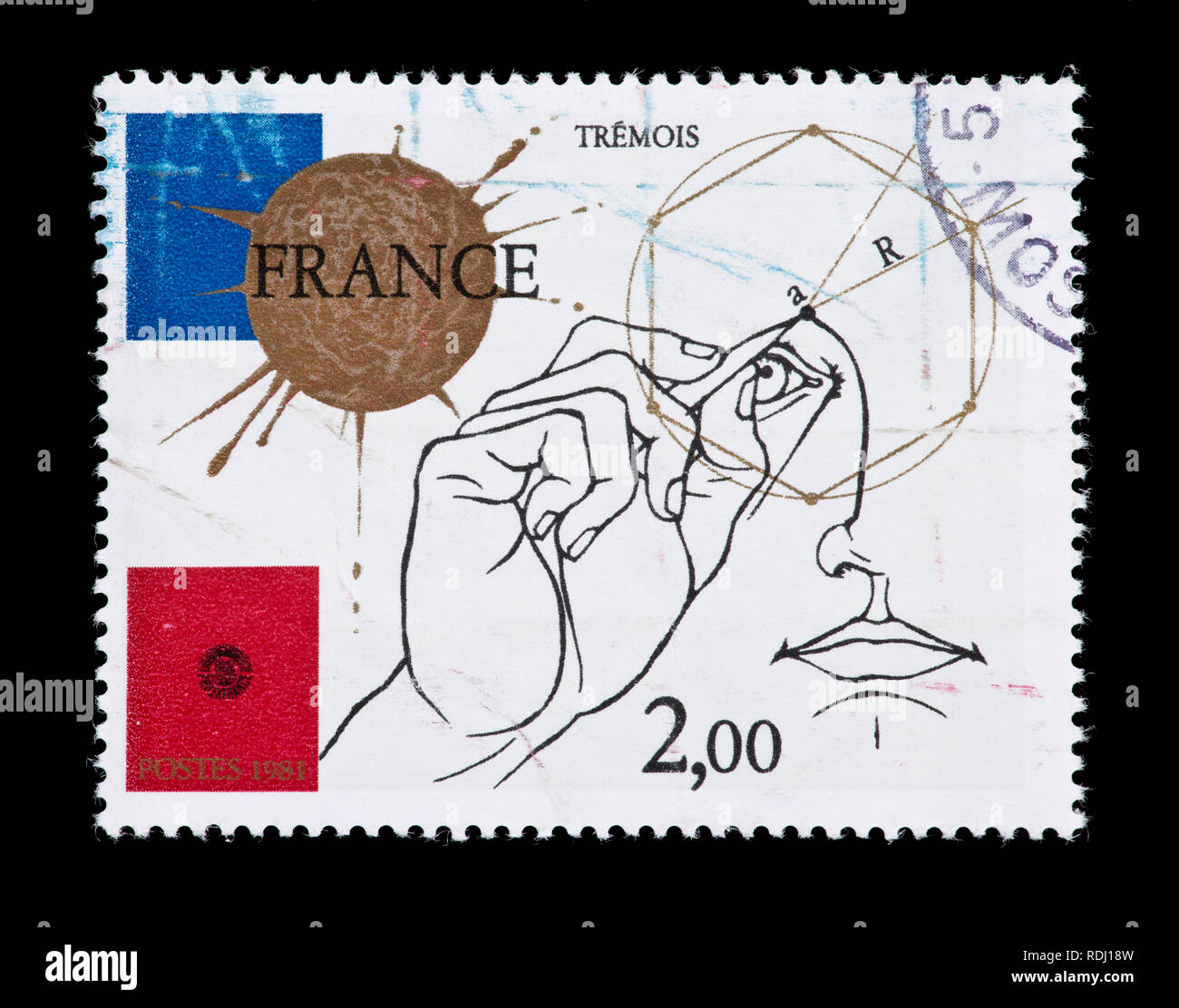 Briefmarke aus Frankreich zeigen einen Mann zeichnen geometrischer Figuren, für PhilexFrance Stempel Ausstellung ausgestellt. Stockfoto