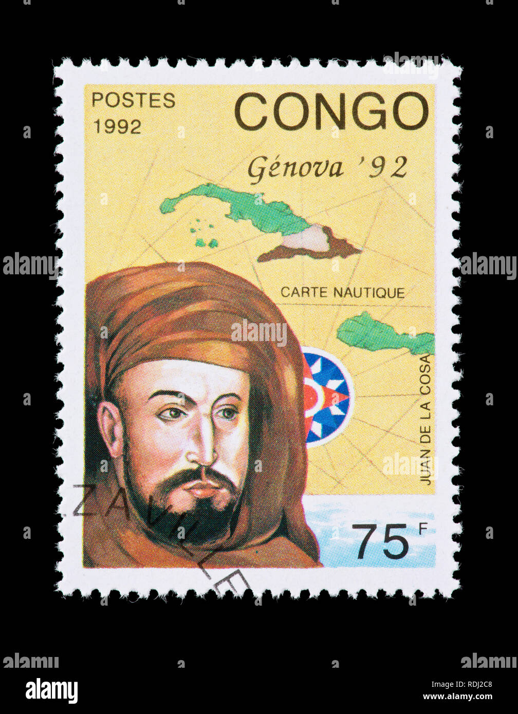 Briefmarke aus dem Kongo, die Juan de La Cosa und Seekarte Stockfoto