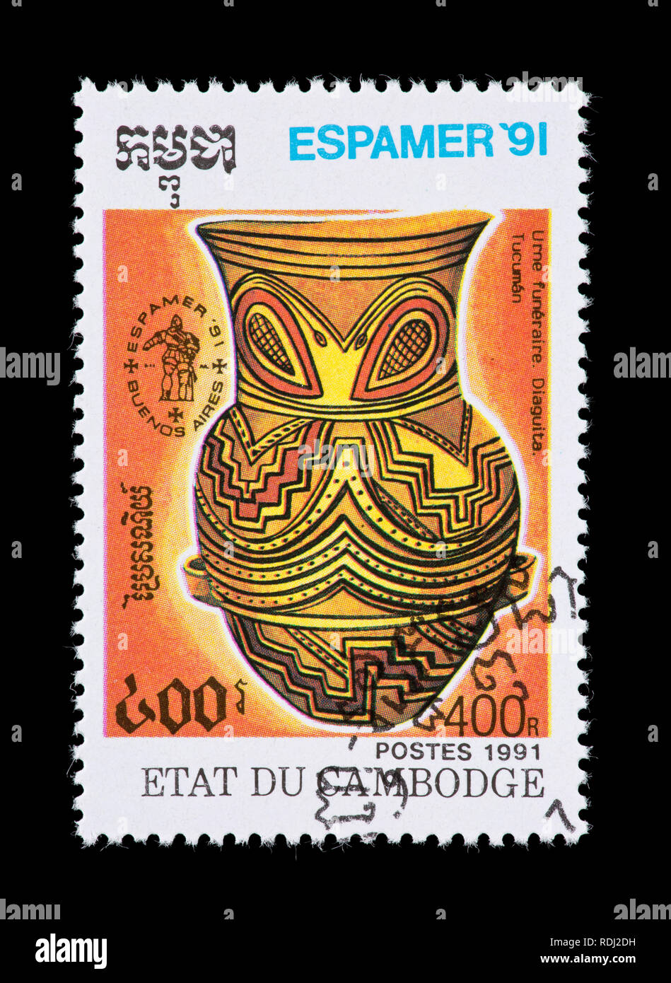 Briefmarke aus Kambodscha, Tucuman Präkolumbische Keramik. Stockfoto