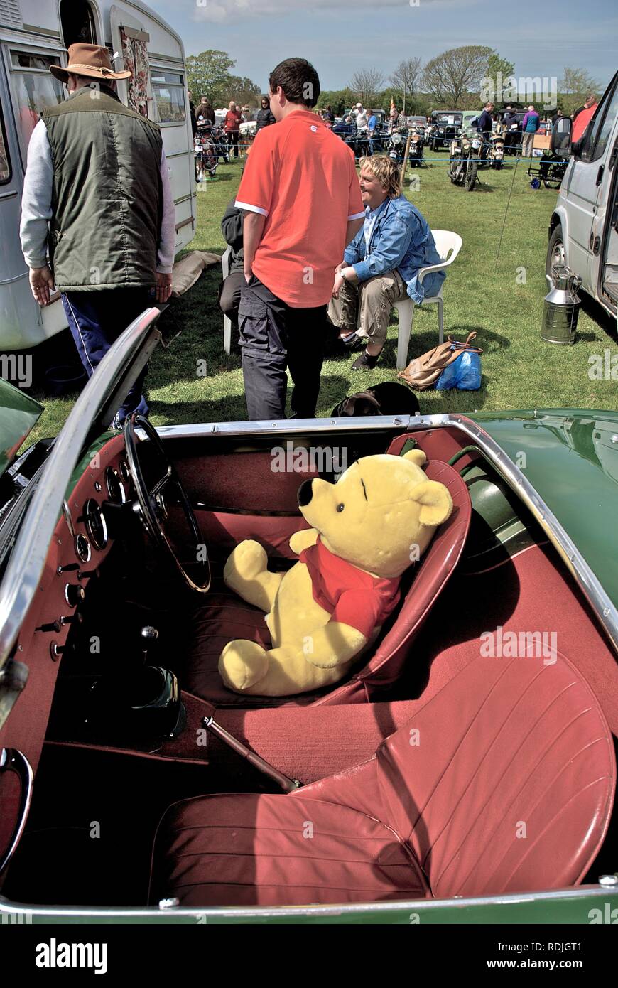 Teddy in einem vintage Austin Healey Mk1 Frogeye' Sprite Sportwagen mit seinem Besitzer an der Oldtimer Rallye, Anglesey Anglesey, North Wales, UK, Mai 2010 Stockfoto