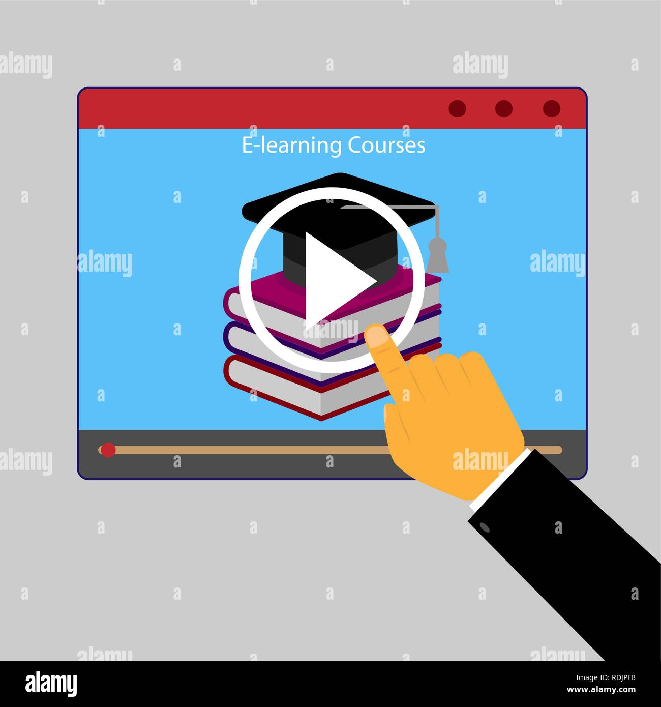 Männliche hand Pressen e-learning video Lektion play-Taste Stock Vektor