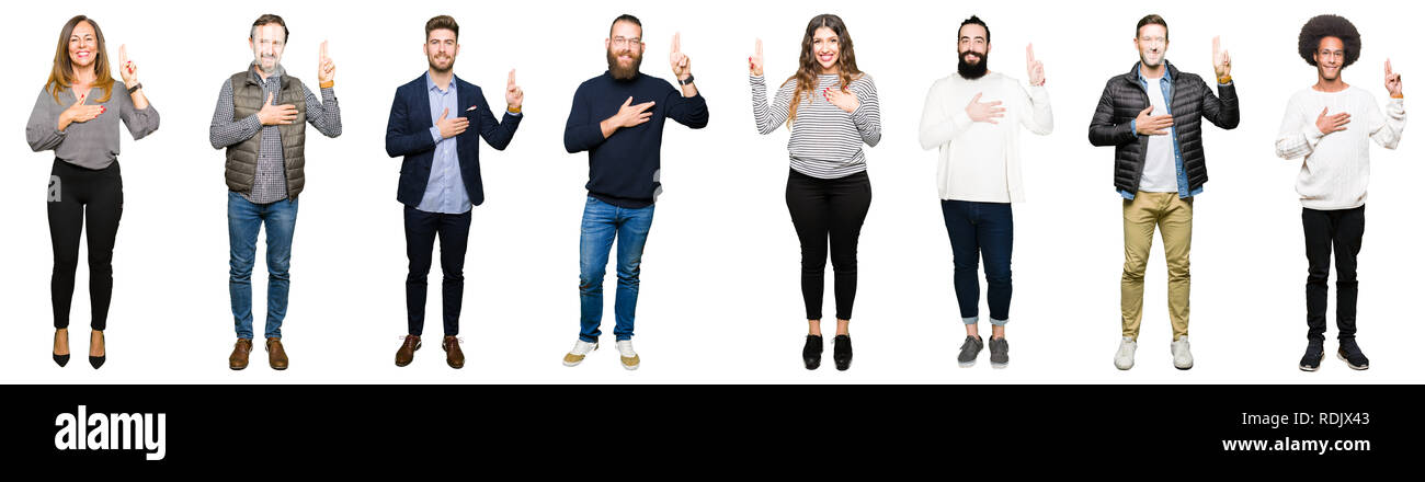 Collage von Menschen über Weiß isoliert Hintergrund Vereidigung mit der Hand auf der Brust und den Fingern, eine Loyalität versprechen Eid Stockfoto
