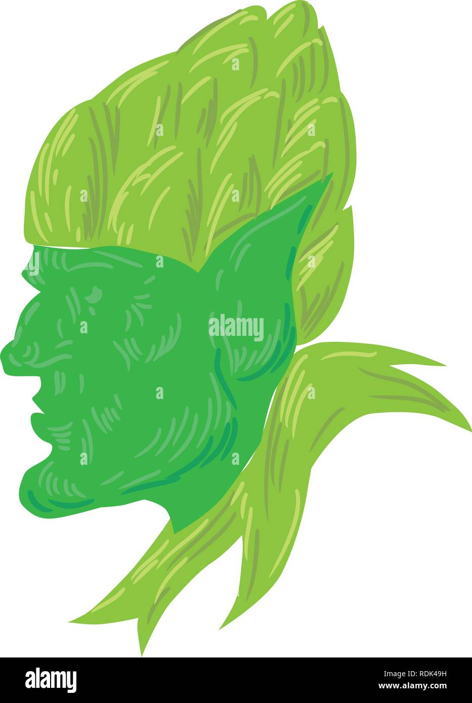 Zeichnung Skizze stil Abbildung eines grünen elf, eine menschliche-förmige übernatürlichen Wesen in der germanischen Mythologie und Folklore auf Seite trägt ein Hopfen Stock Vektor