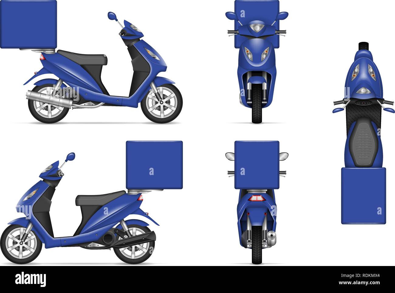 Lieferung Motorrad vektor Mockup für Fahrzeug Branding, Werbung, Corporate Identity. Isolierte Vorlage von realistischen scooter Blau auf Weiß Stock Vektor