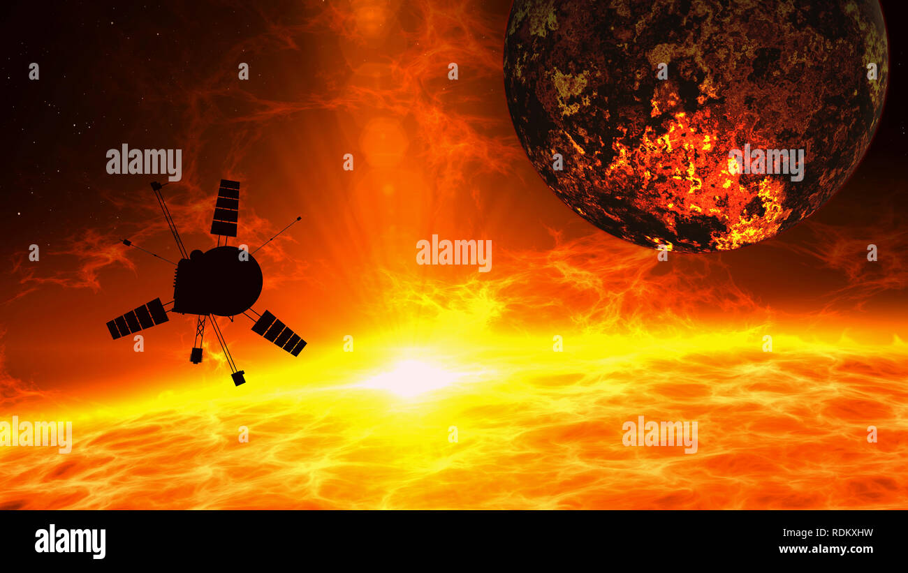 Sonne und exoplaneten Erforschung von Raumfahrzeugen. Sat-Flug über den Großen Stern Oberfläche mit Plasma Flares und Energie Explosion. Ferner Weltraumforschung Stockfoto