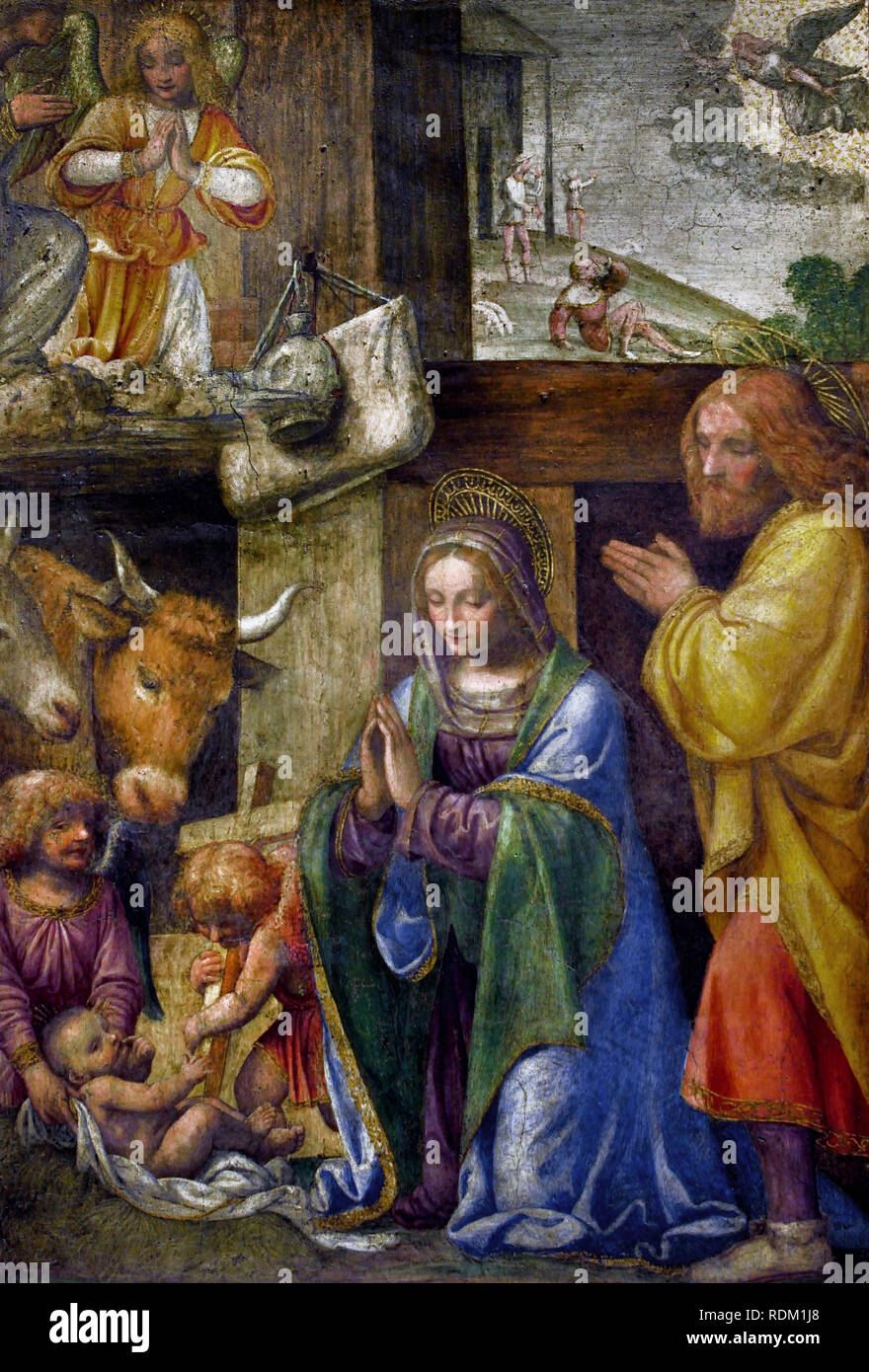 Geburt Christi und die Verkündigung an die Hirten von Bernardino Luini, 1485-1532, Italien, Italienisch, (Fresko) Stockfoto