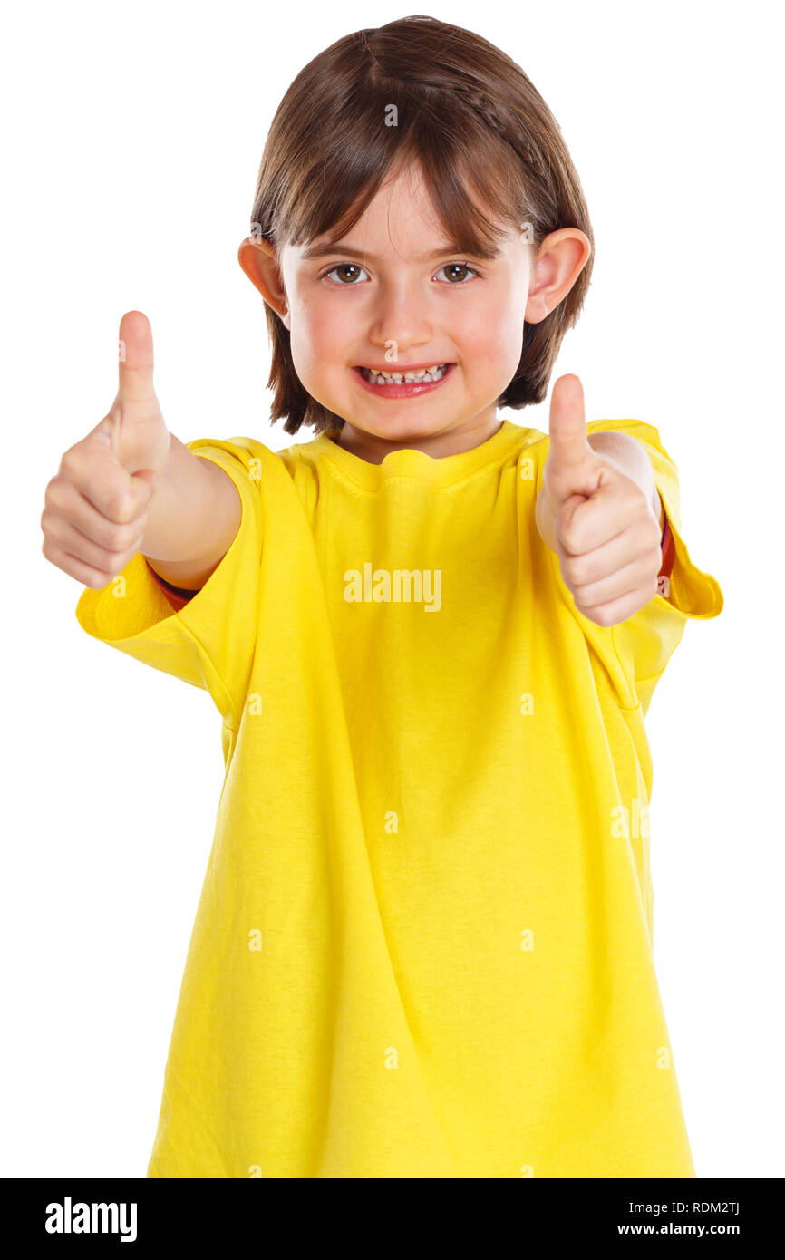 Mädchen Kind lächelnden Jungen Erfolg Daumen oben auf weißem Hintergrund Stockfoto