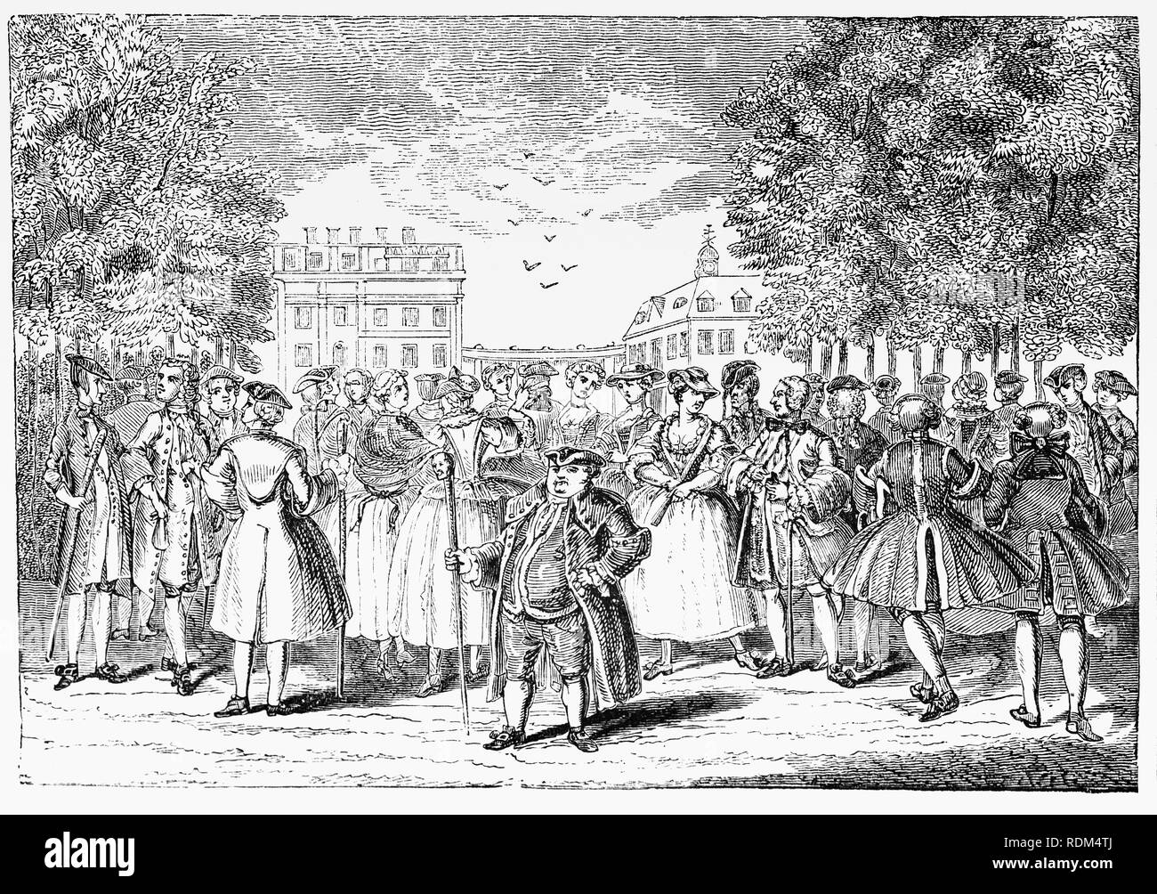 Während des 18. Jahrhunderts, Alamode, war einst die Bezeichnung für einen Stoff, aber in diesem Fall bedeutet "aus der Mode". Der Adel Promenierenden im Jahre 1735 durch den St. James Park in London, England. Stockfoto