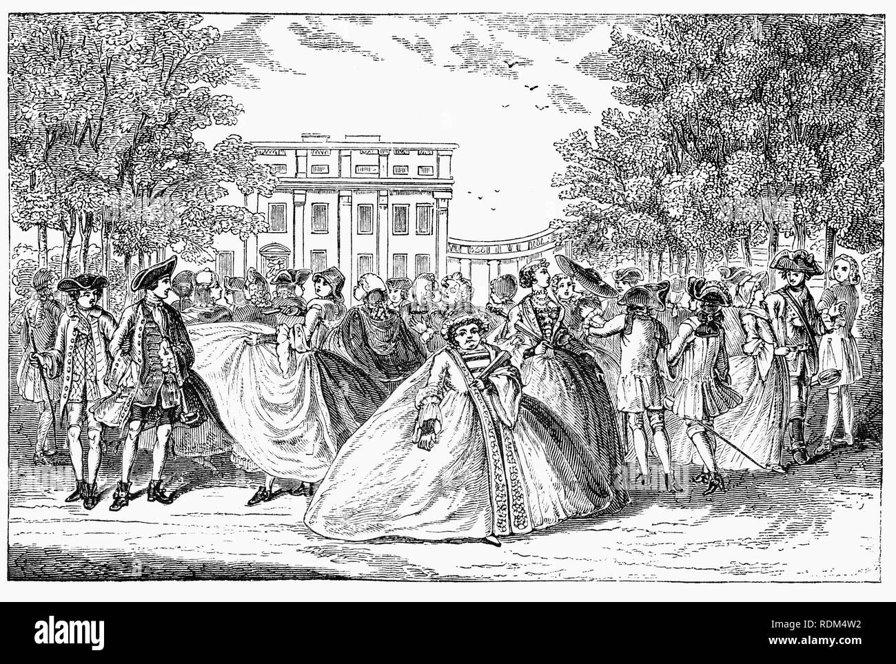 Während des 18. Jahrhunderts, Alamode, war einst die Bezeichnung für einen Stoff, aber in diesem Fall bedeutet "aus der Mode". Der Adel Promenierenden im Jahre 1745 durch den St. James Park in London, England. Stockfoto