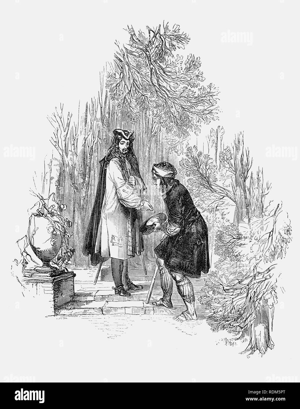 Sir Roger de Coverley, der fiktive Charakter, von Joseph Addison, der ihn als den angeblichen Thema der Papiere und Briefe, die in Addison und Richard Steele der einflussreichen Zeitschrift der Zuschauer veröffentlicht wurden, dargestellt. Sir Roger war ein baronet von Worcestershire und vertreten eine typische landete Country Gentleman, vielleicht mit einem sozialen Gewissen er wie hier gesehen, Geld zu geben. Er war auch Mitglied der fiktiven Zuschauer Club, und der de Coverley Schriften enthalten unterhaltsame Literatur des frühen 18. Jahrhunderts Englisch leben, die oft am besten Funktion des Zuschauers betrachtet wurden. Stockfoto