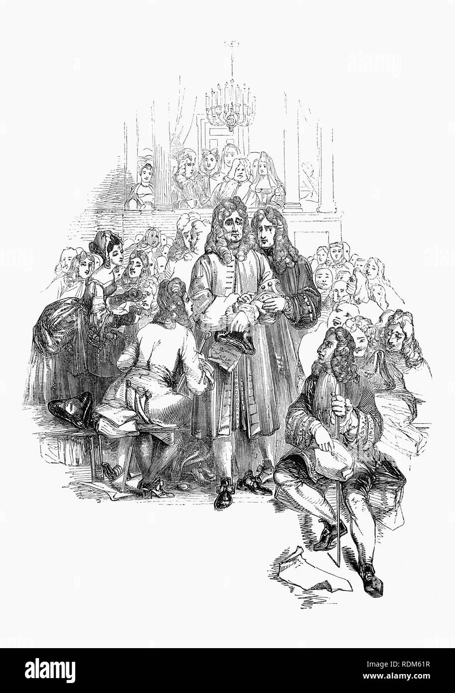 Sir Roger de Coverley, die Kunstfigur, entwickelt von Joseph Addison, einem Besuch der London Playhouse. Er wurde als der angebliche Autor der Papiere und Briefe, die in Addison und Richard Steele der einflussreichen Zeitschrift der Zuschauer veröffentlicht wurden, dargestellt. Sir Roger war ein baronet von Worcestershire und wurde gemeint, einem typischen landete Country Gentleman war er auch Mitglied der fiktiven Zuschauer Club zu vertreten, und die de Coverley Schriften enthalten unterhaltsame Literatur des frühen 18. Jahrhunderts Englisch leben, die oft am besten Funktion des Zuschauers betrachtet wurden. Stockfoto
