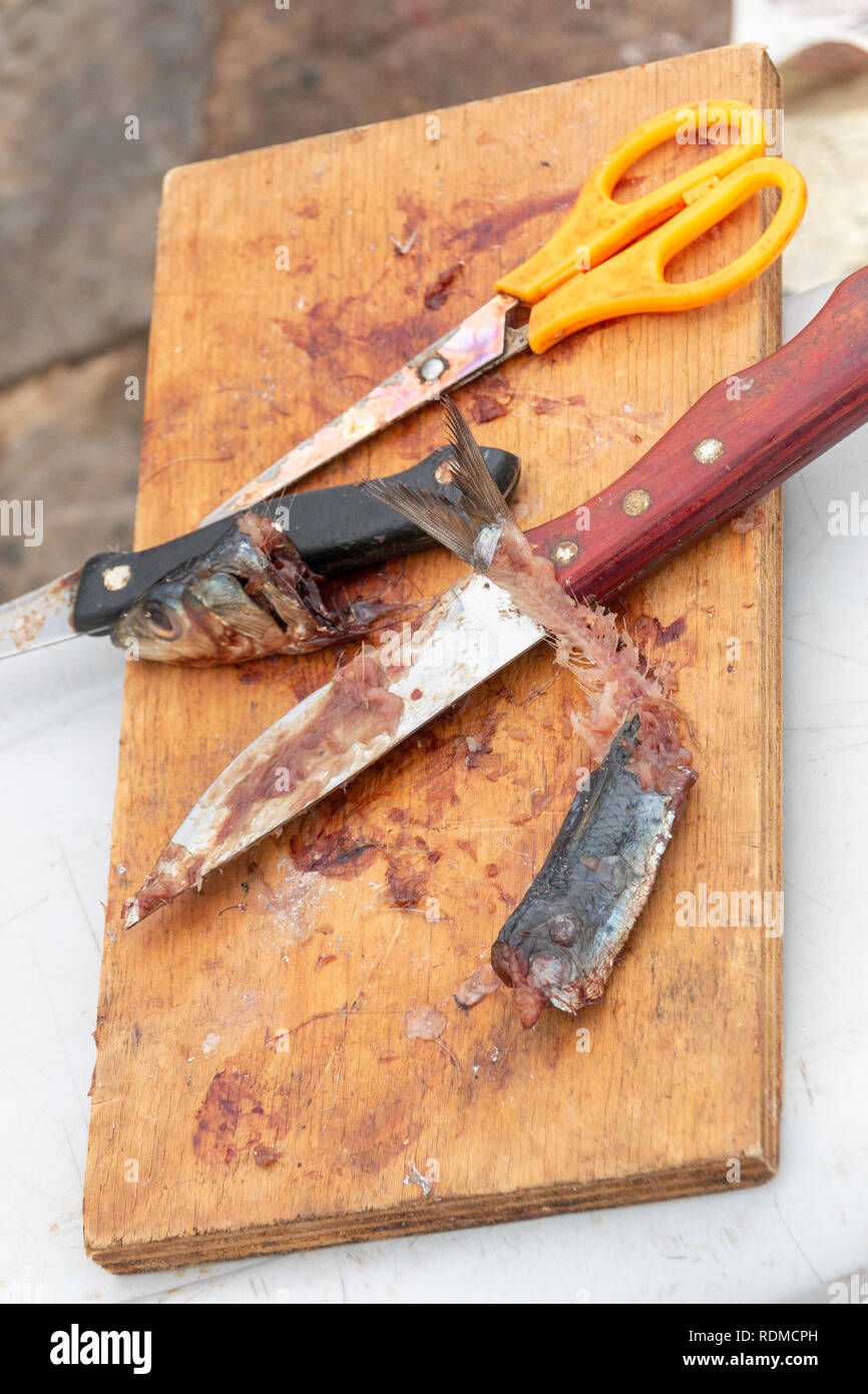 Eine Nahaufnahme eines Fishermans sardine Köder auf einem Holzbrett mit zwei Messer, Schere, gelber Griff oben geschnitten wurde und verwendet werden, um Fische zu fangen Stockfoto