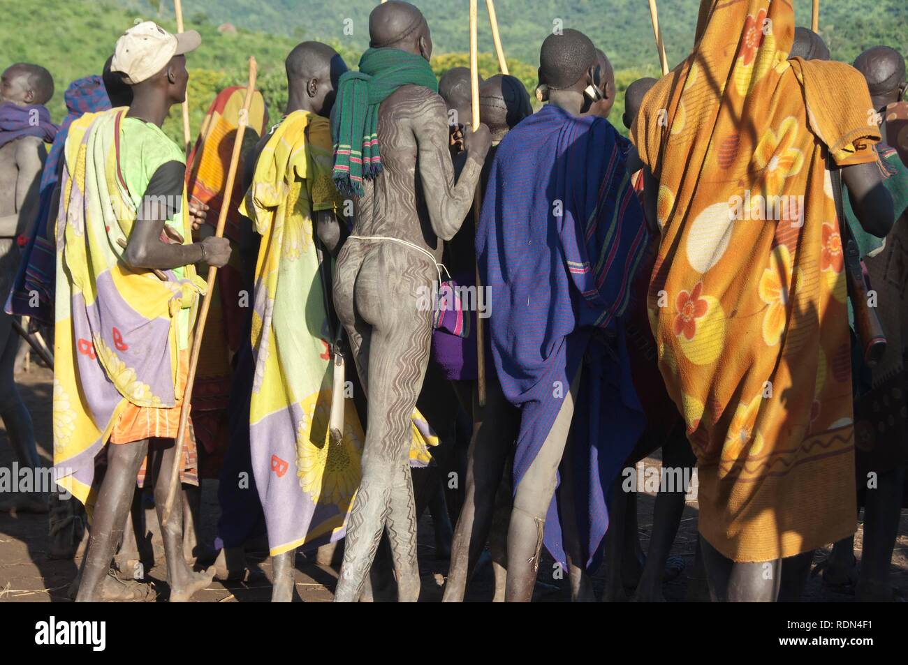 Donga stick Kampf Zeremonie, surma Stamm, Tulgit, Omo-tal, Äthiopien, Afrika Stockfoto