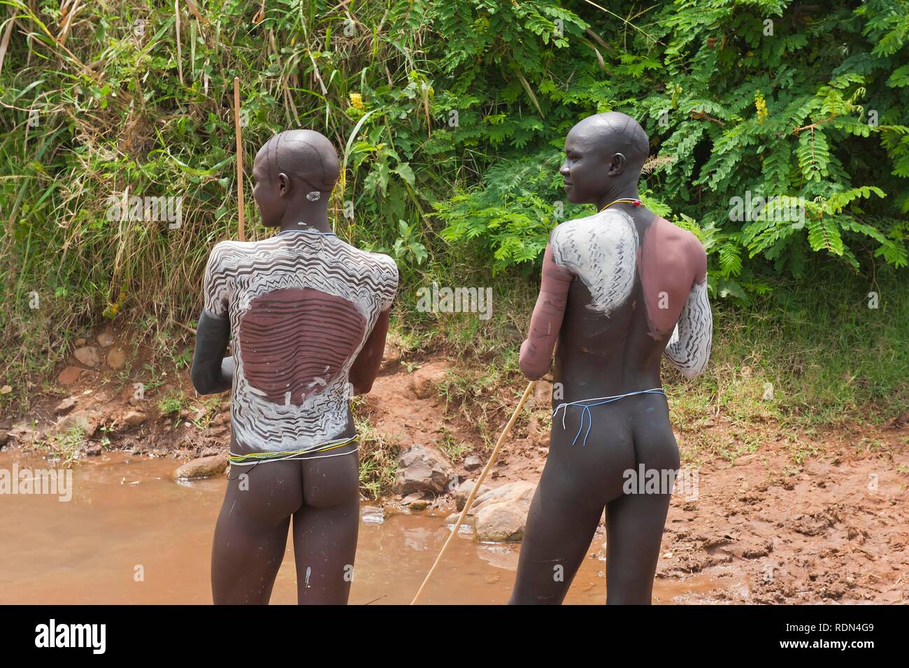 Surma Männer mit Körper Gemälde auf der Rückseite, Tulgit, Omo-tal, Äthiopien, Afrika Stockfoto