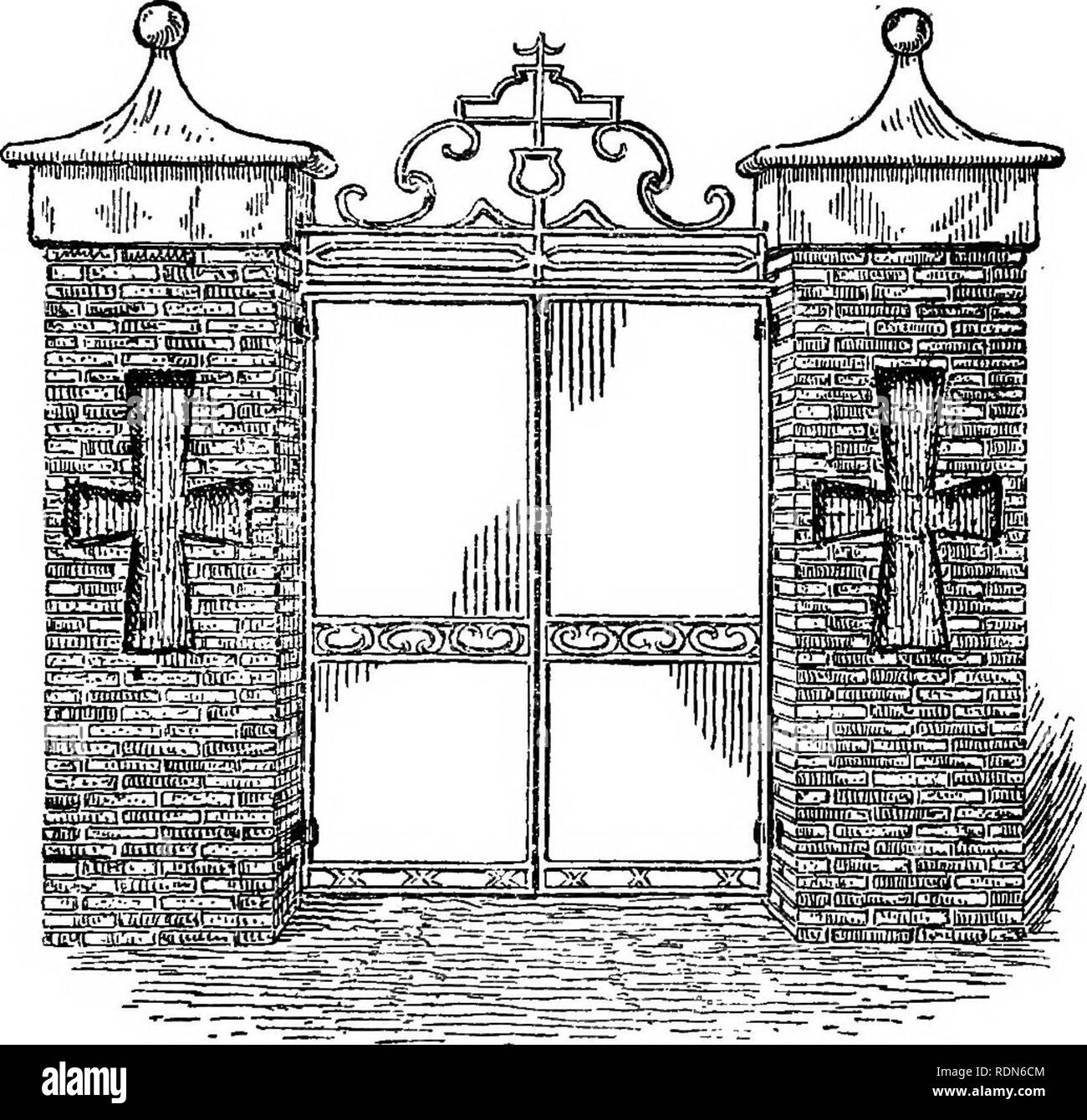 . Gärten, ihre Form und Design. Gärten. Eingänge II überraschung Gärten sollte sorgfältig untersucht werden. Die Vielzahl und die Würde dieser ist eine großartige Ergänzung Dekoration Garten. In einem alten Elizabethan Garden der Backstein Piers, einem schönen schmiedeeisernen Tor sind interessant, indem Sie einen heraldischen Gerät in gearbeitet, um Unterstützung. Abb. 8. Ihnen. In einem Fall ist es ein Andreaskreuz (Abb. 8) Das Muster, nach dem die durch Weglassen von Steine hier und da die Dekoration zu bilden. Auf dem Gipfel des Piers sind malerische kleine geschwungenen Dächer mit einer kleinen Kugel auf jeden, der uns in der Form erinnern Stockfoto