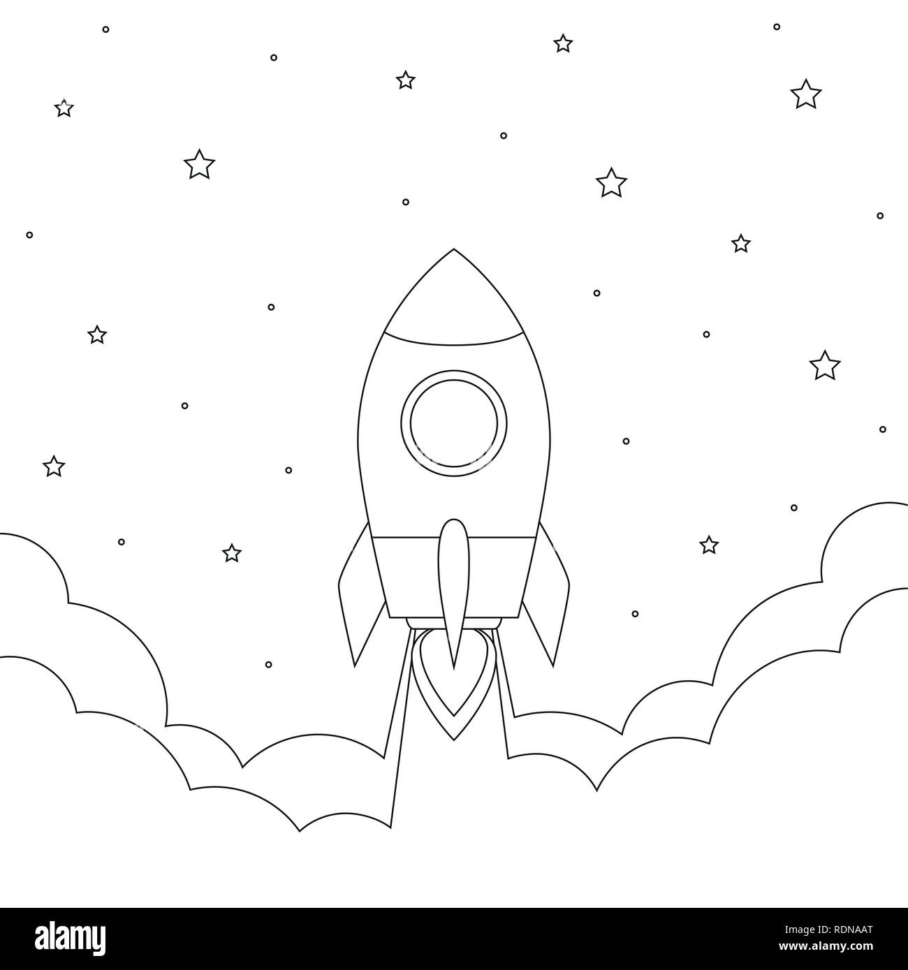 Rocket Launch in den Raum mit Rauch und Sterne Design für malbuch Vektor-illustration EPS 10. Stock Vektor