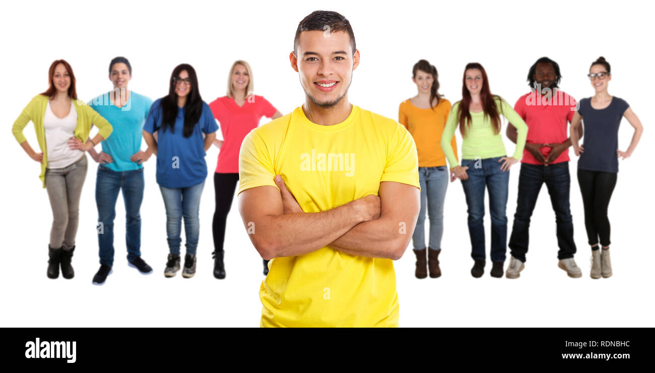 Gruppe von Freunden junge Menschen auf einem weißen Hintergrund isoliert Stockfoto